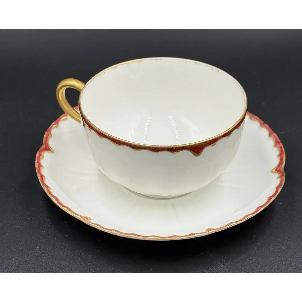 Haviland Limoges France Teacup & Saucer Crimson Red Gold Missouri Glass c1900’s